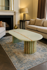 Green Onyx Oval Coffee Table with Sculptural D-Shaped Base – Natural Stone Elegance