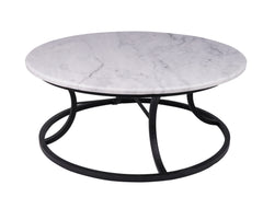 Carrara marble round coffee table with a wrought iron base, featuring a sleek and elegant design, measuring 100x100 cm, perfect for modern and classic living spaces