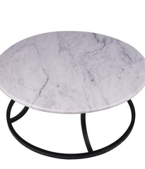 Carrara marble round coffee table with a wrought iron base, featuring a sleek and elegant design, measuring 100x100 cm, perfect for modern and classic living spaces