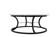 Carrara marble round coffee table with a wrought iron base, featuring a sleek and elegant design, measuring 100x100 cm, perfect for modern and classic living spaces