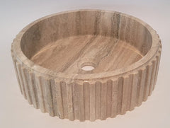 Fluted Travertine Round Basin with Flat Base
