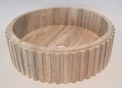 Fluted Travertine Round Basin with Flat Base
