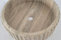 Fluted Travertine Round Basin with Flat Base