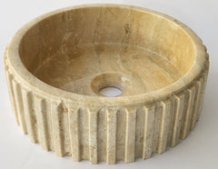 Fluted Travertine Round Basin with Flat Base