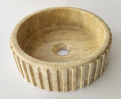 Fluted Travertine Round Basin with Flat Base