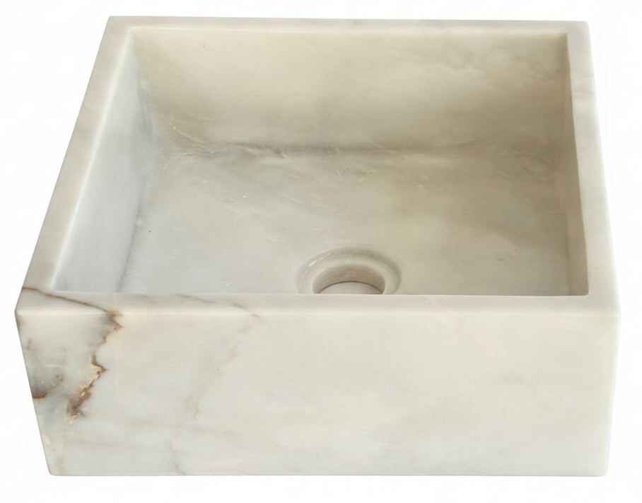 Carrara Marble square sink basin on a white background