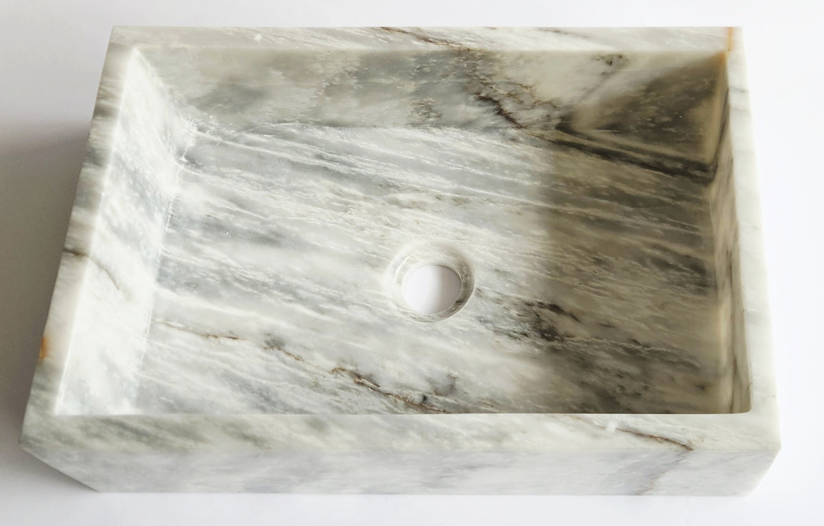 Carrara Rectangular Marble Basin 45x31x12.5 cm – Handmade Flat Base Vessel Sink (14 kg)
