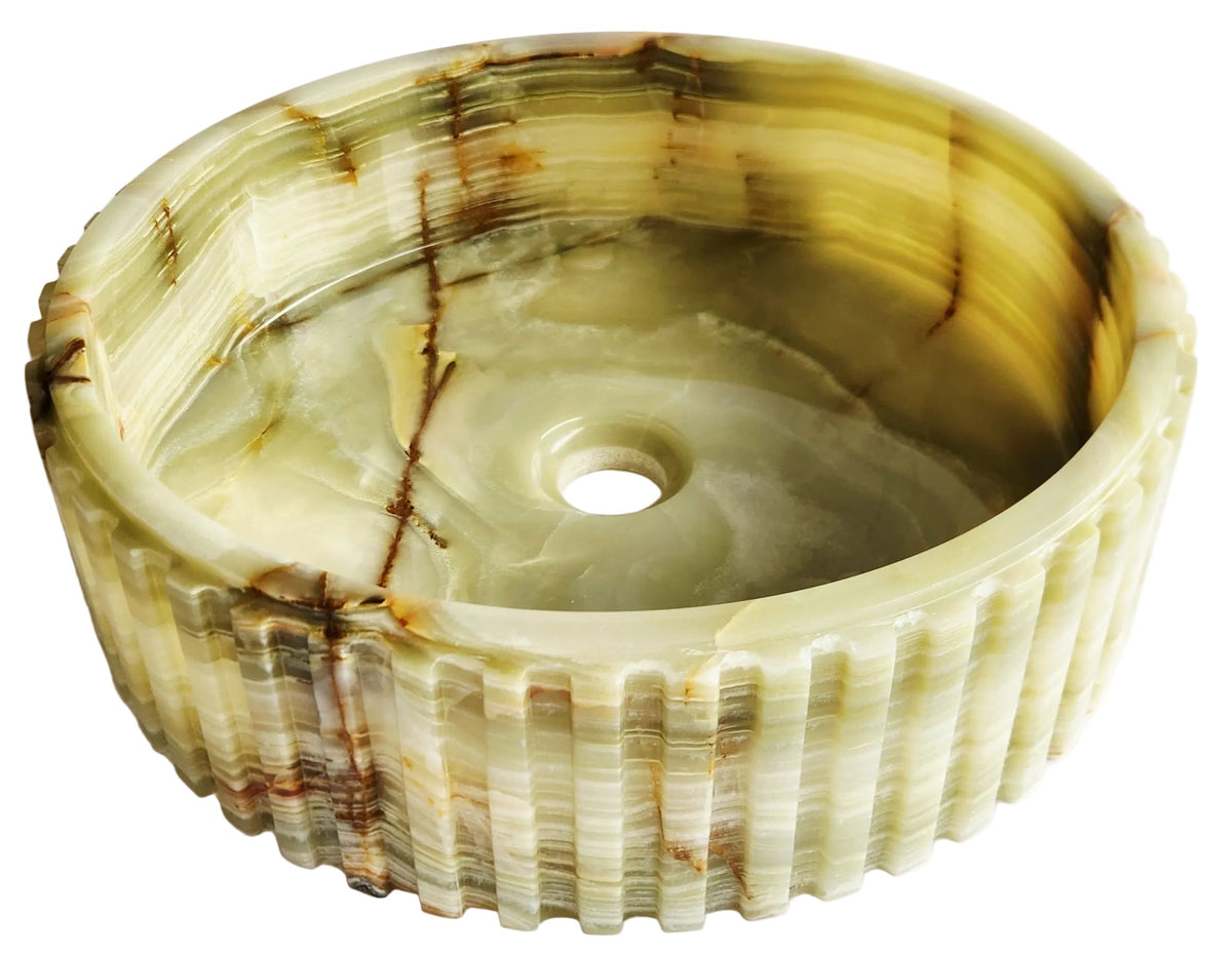 Green Onyx Fluted Round Bathroom Basin 40cm – Handmade, Flat Base, 12kg