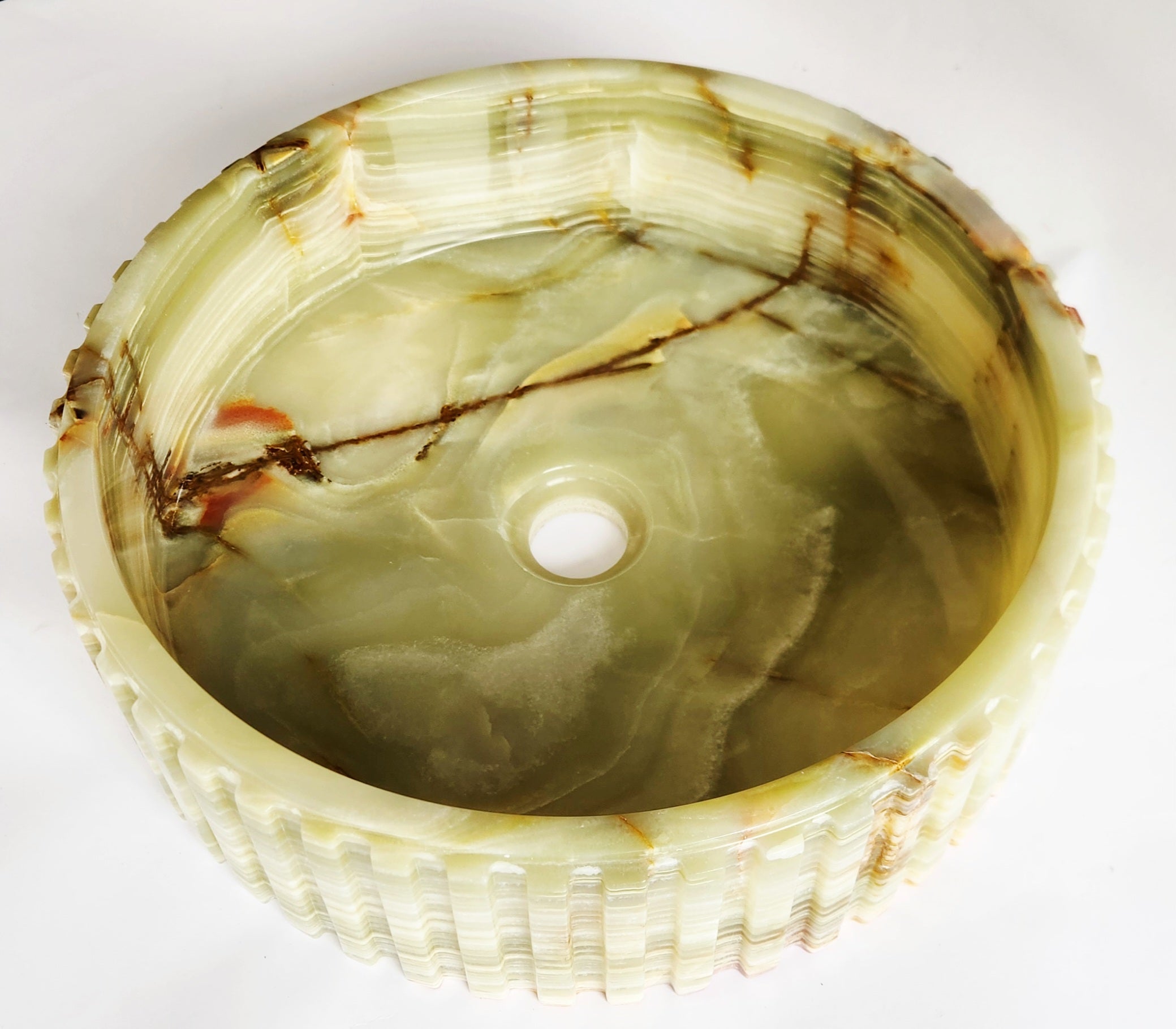 Green Onyx Fluted Round Bathroom Basin 40cm – Handmade, Flat Base, 12kg