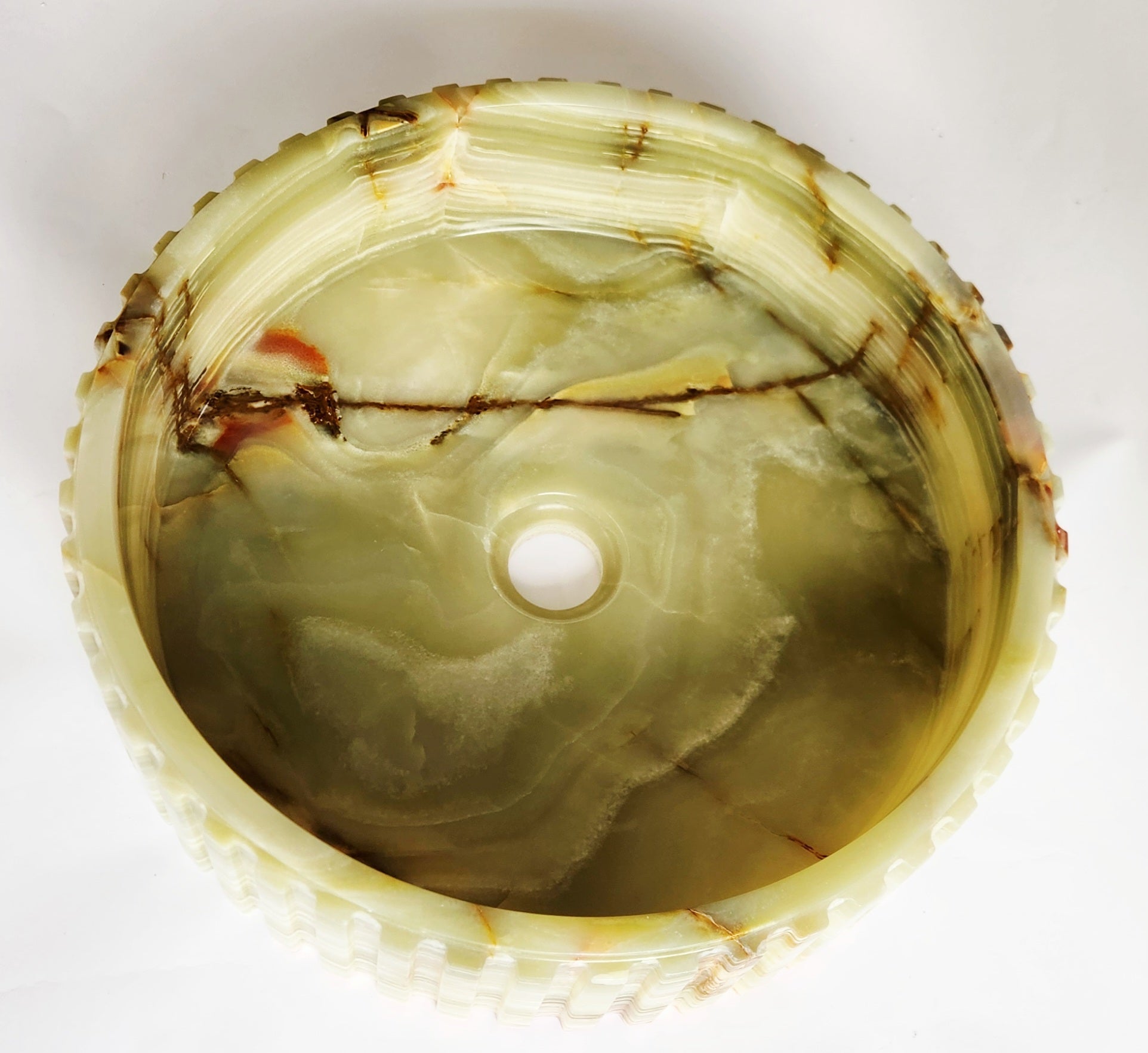 Green Onyx Fluted Round Bathroom Basin 40cm – Handmade, Flat Base, 12kg