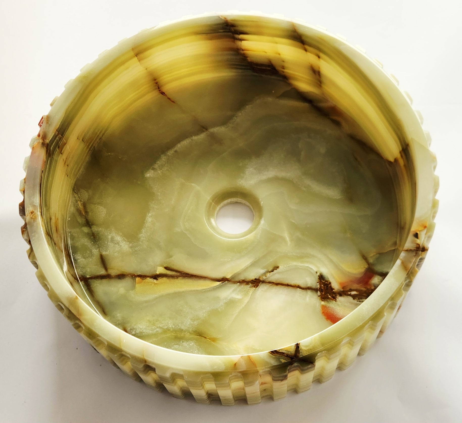 Green Onyx Fluted Round Bathroom Basin 40cm – Handmade, Flat Base, 12kg