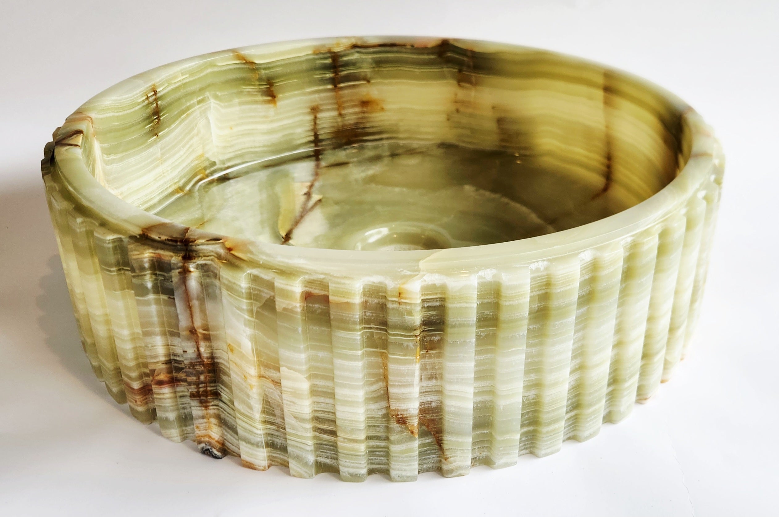 Green Onyx Fluted Round Bathroom Basin 40cm – Handmade, Flat Base, 12kg