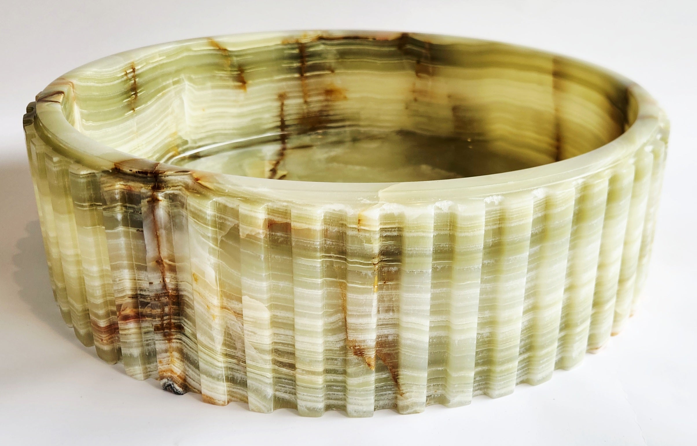 Green Onyx Fluted Round Bathroom Basin 40cm – Handmade, Flat Base, 12kg