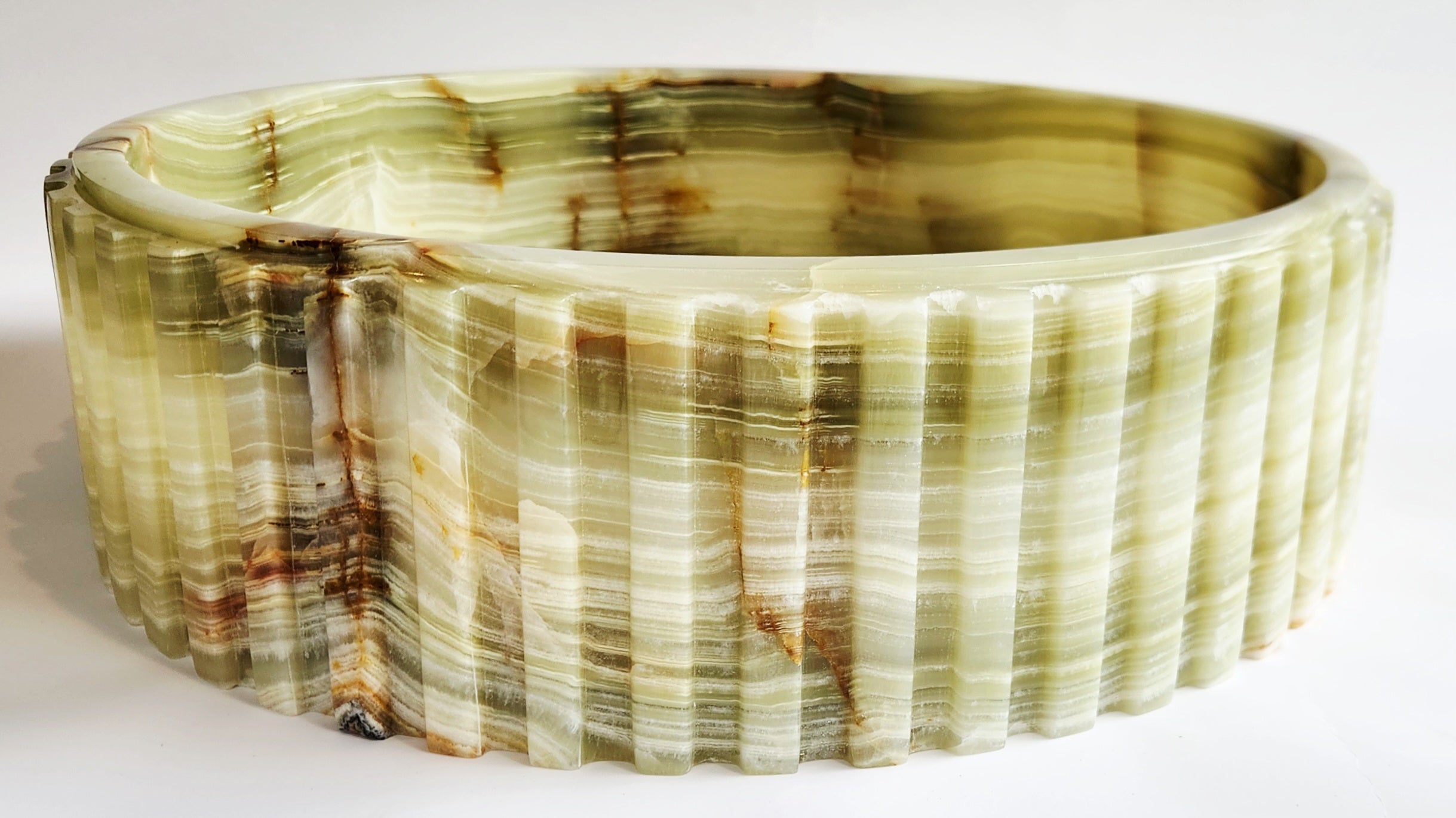 Green Onyx Fluted Round Bathroom Basin 40cm – Handmade, Flat Base, 12kg