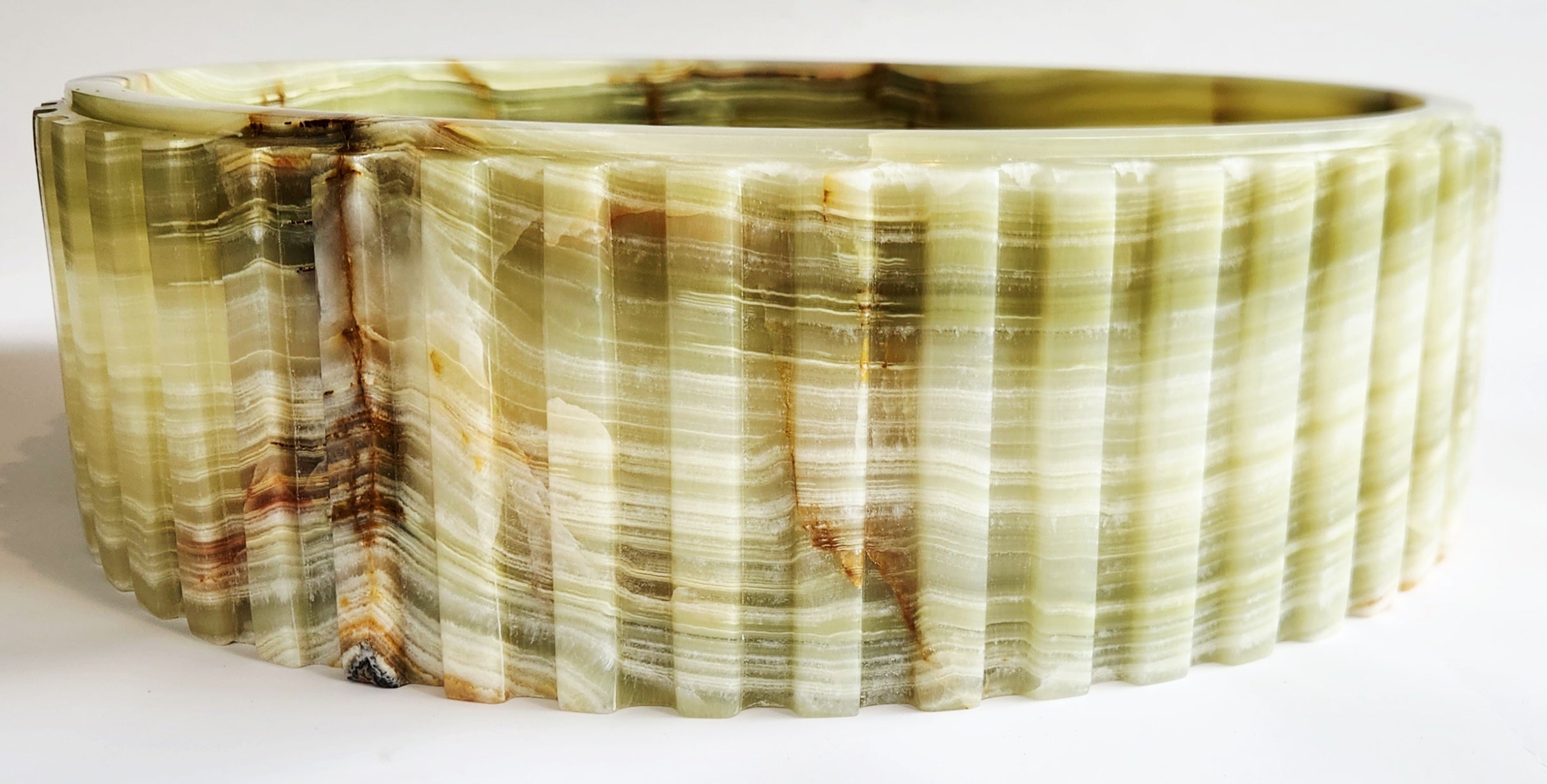 Green Onyx Fluted Round Bathroom Basin 40cm – Handmade, Flat Base, 12kg