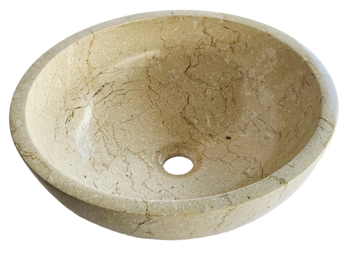 Handmade Botticino Cream Marble Round Bathroom Basin | 40x40x14cm | 12kg Natural Stone