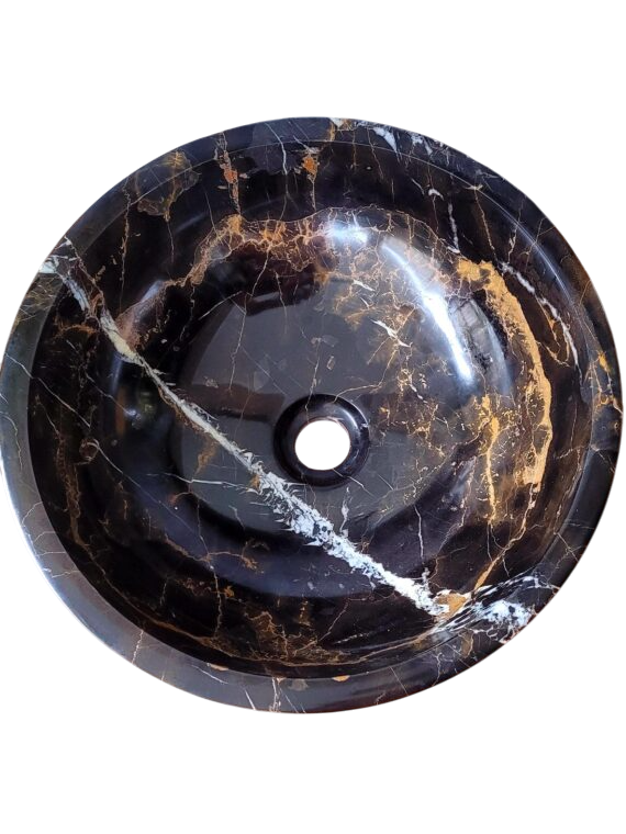 Natural Stone Marble Round Shape Basin Counter Top Bathroom Sink In Black & Gold Marble