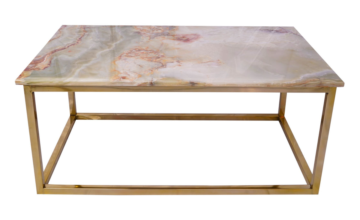 Green Onyx Rectangular Table with Golden Stainless Steel Base