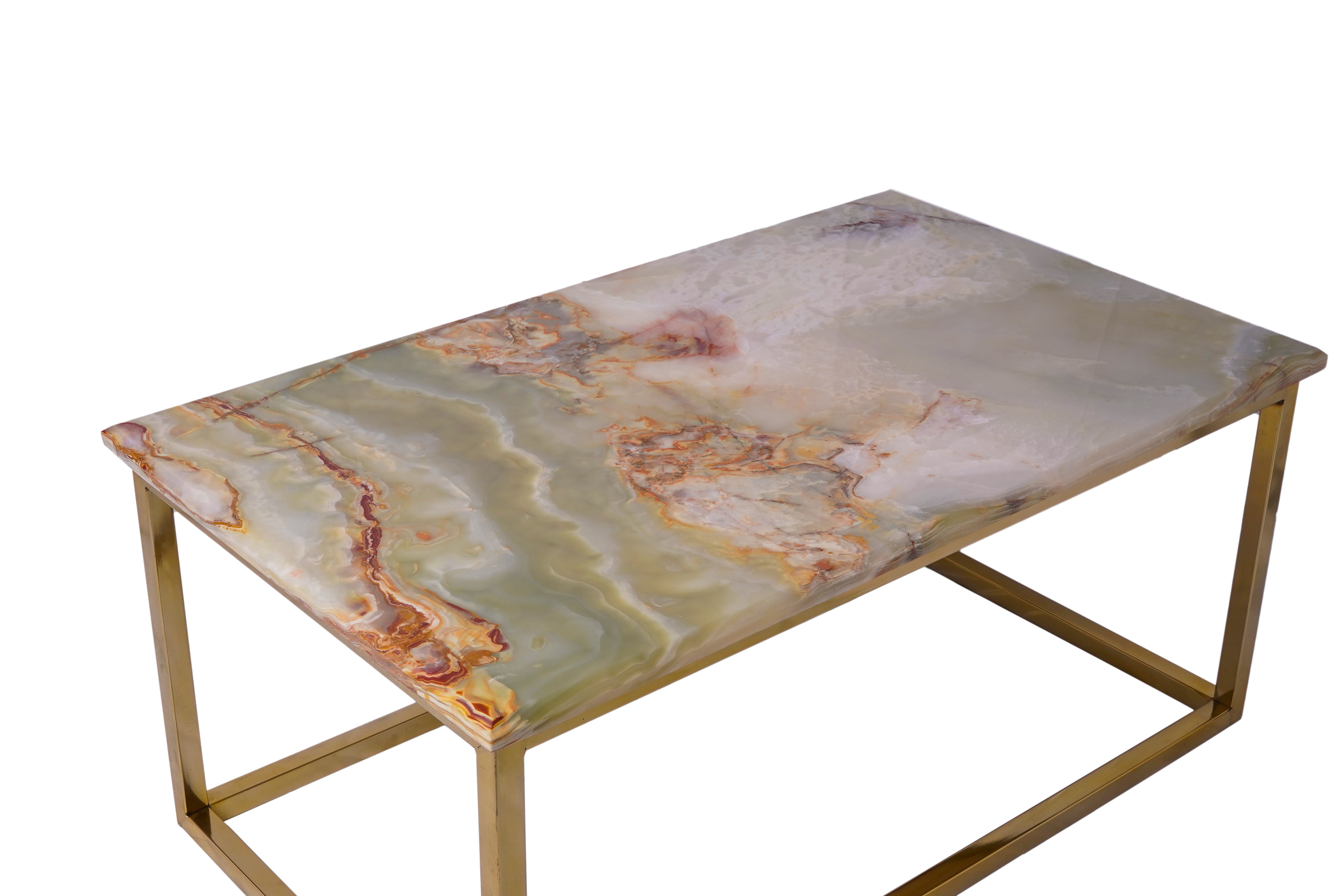 Green Onyx Rectangular Table with Golden Stainless Steel Base