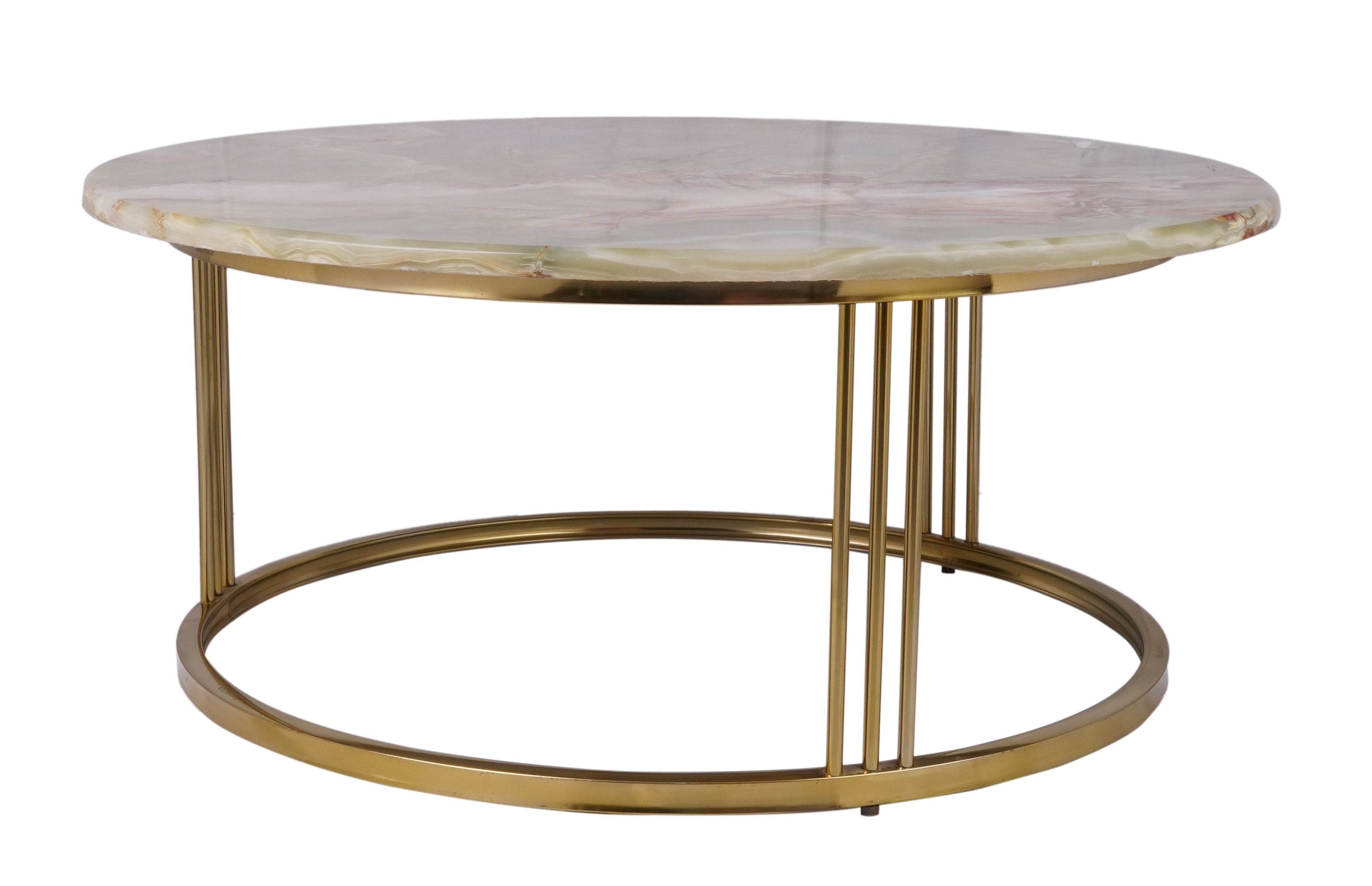 Green Onyx Round Coffee Table with Golden Stainless Steel Base