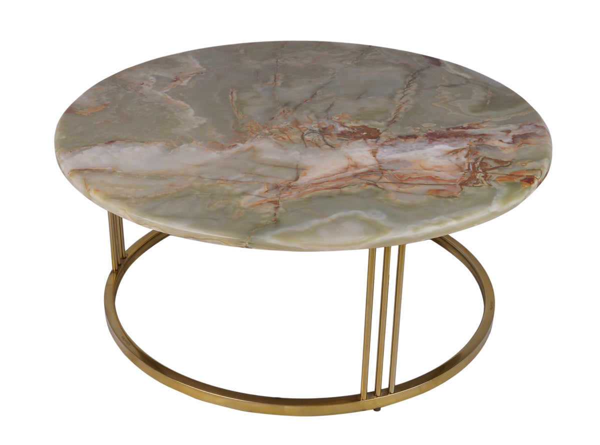 Green Onyx Round Coffee Table with Golden Stainless Steel Base