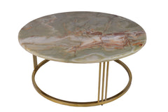 Green Onyx Round Coffee Table with Golden Stainless Steel Base