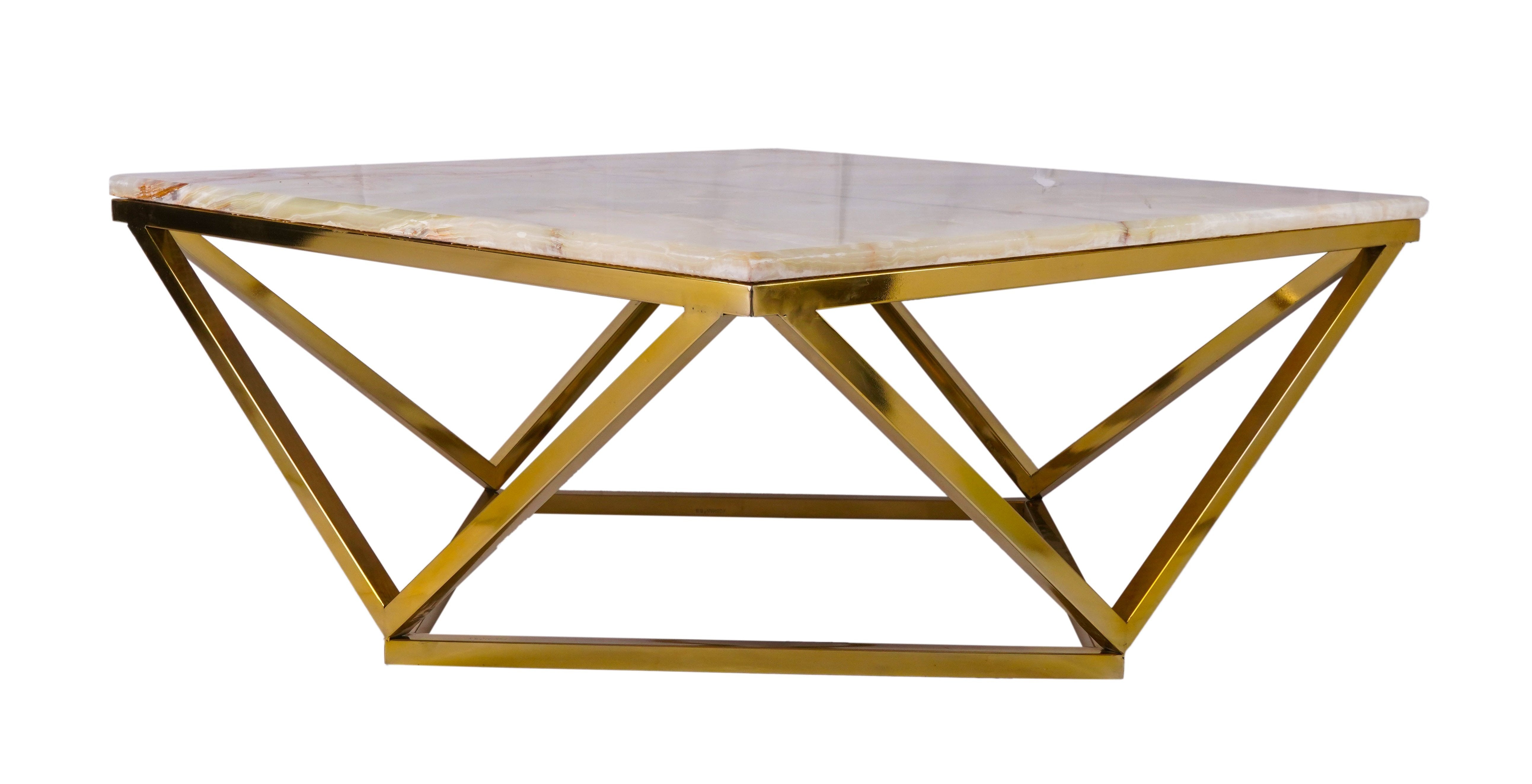 Green Onyx Square Coffee Table with Golden Stainless Steel Base