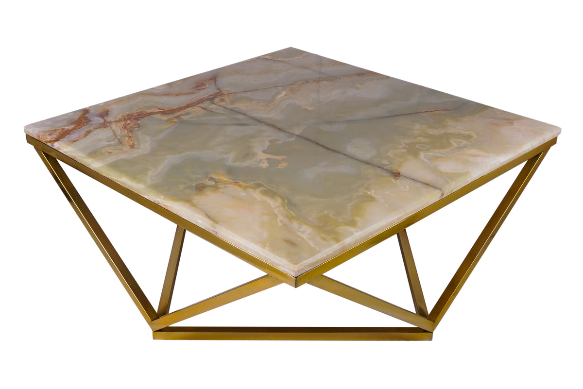 Green Onyx Square Coffee Table with Golden Stainless Steel Base