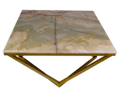 Green Onyx Square Coffee Table with Golden Stainless Steel Base