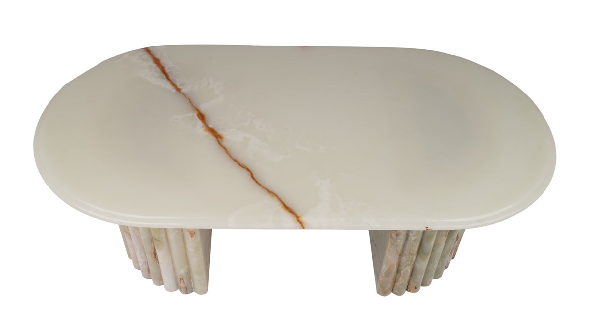 Green Onyx Oval Coffee Table with Sculptural D-Shaped Base – Natural Stone Elegance