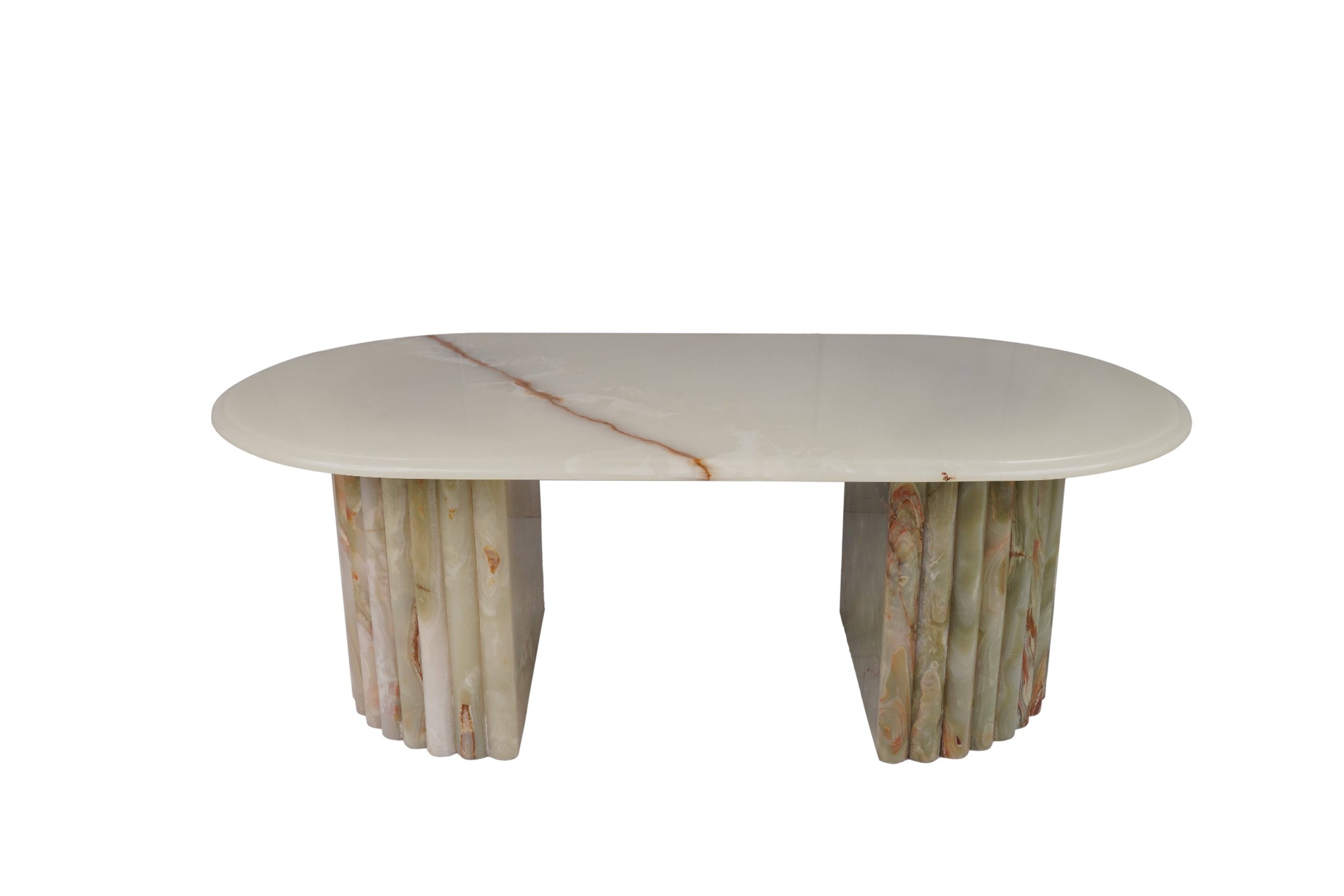 Green Onyx Oval Coffee Table with Sculptural D-Shaped Base – Natural Stone Elegance