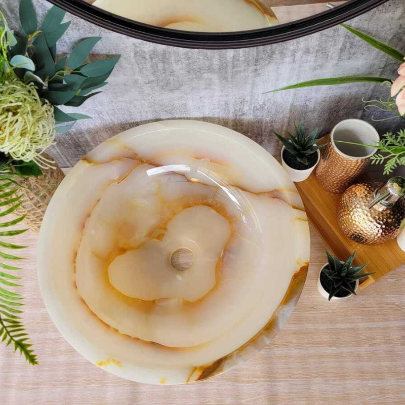 White and Honey Onyx Round Basin