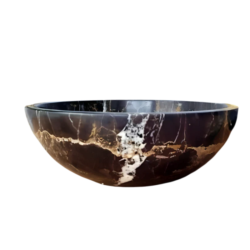 Natural Stone Marble Round Shape Basin Counter Top Bathroom Sink In Black & Gold Marble