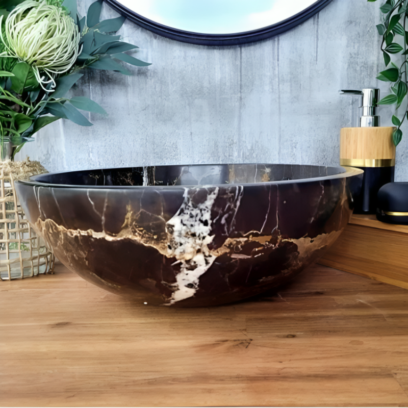 Natural Stone Marble Round Shape Basin Counter Top Bathroom Sink In Black & Gold Marble