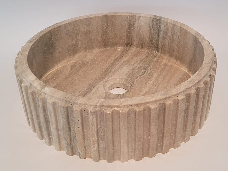 Fluted Travertine Round Basin with Flat Base