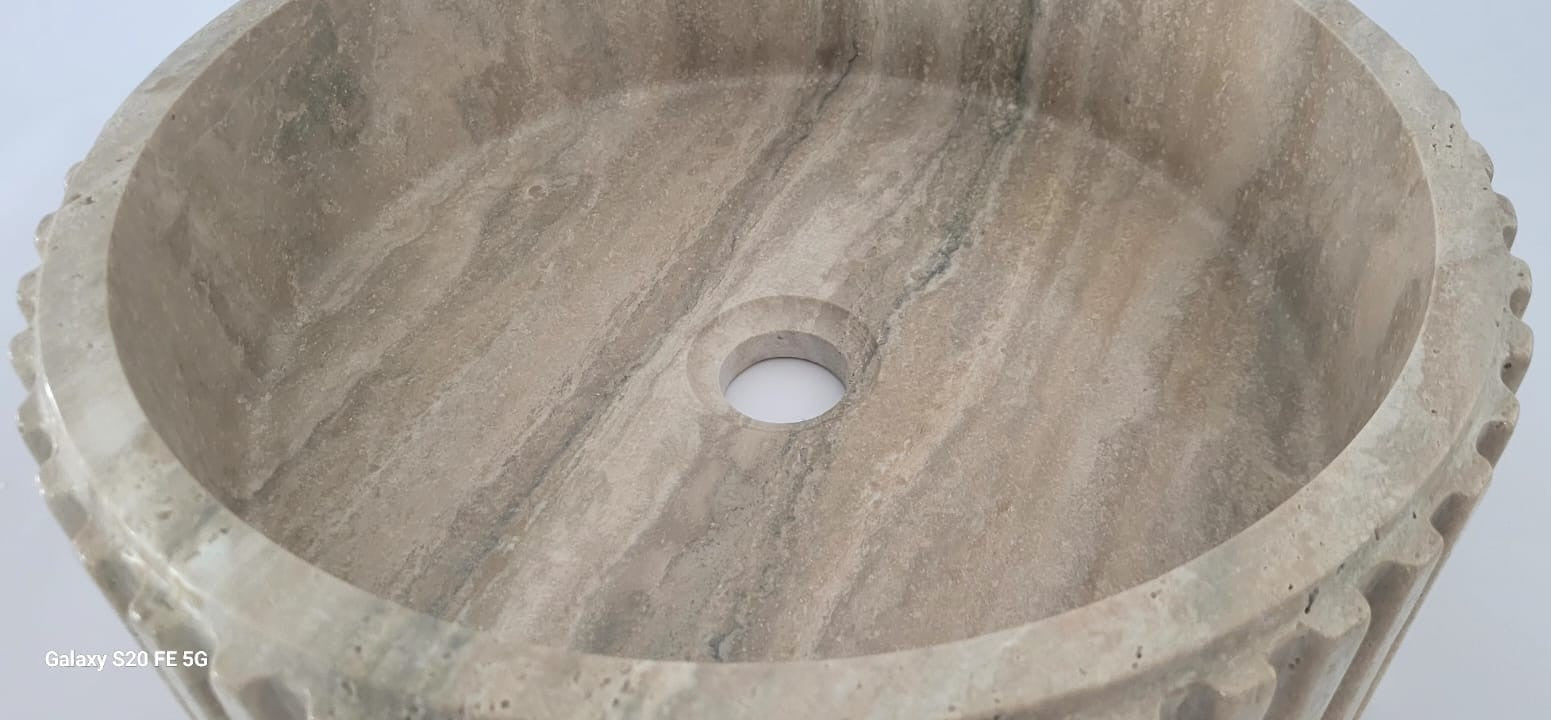 Fluted Travertine Round Basin with Flat Base
