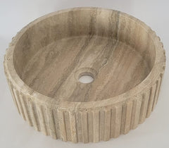 Fluted Travertine Round Basin with Flat Base