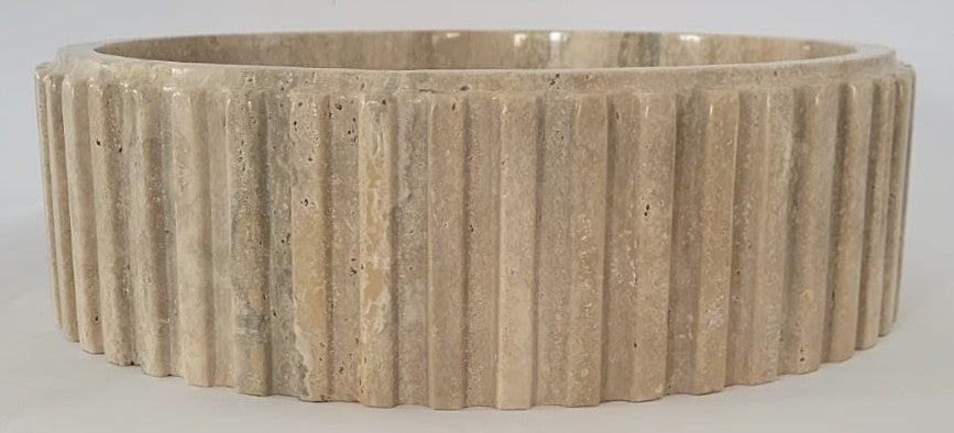 Fluted Travertine Round Basin with Flat Base
