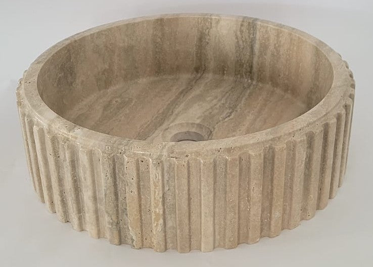 Fluted Travertine Round Basin with Flat Base