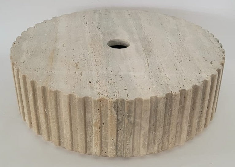 Fluted Travertine Round Basin with Flat Base