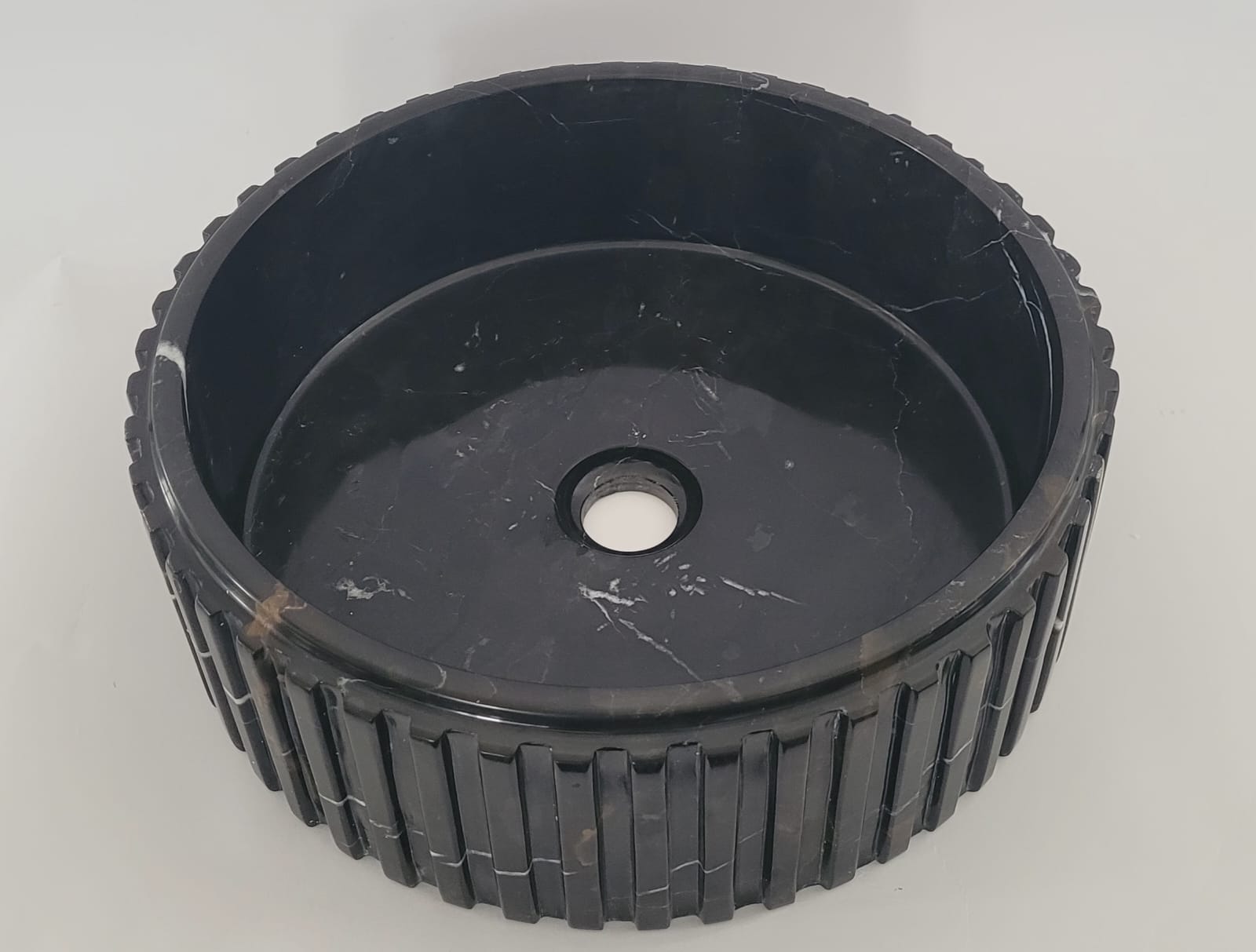 Fluted Black & Gold Marble Round Basin