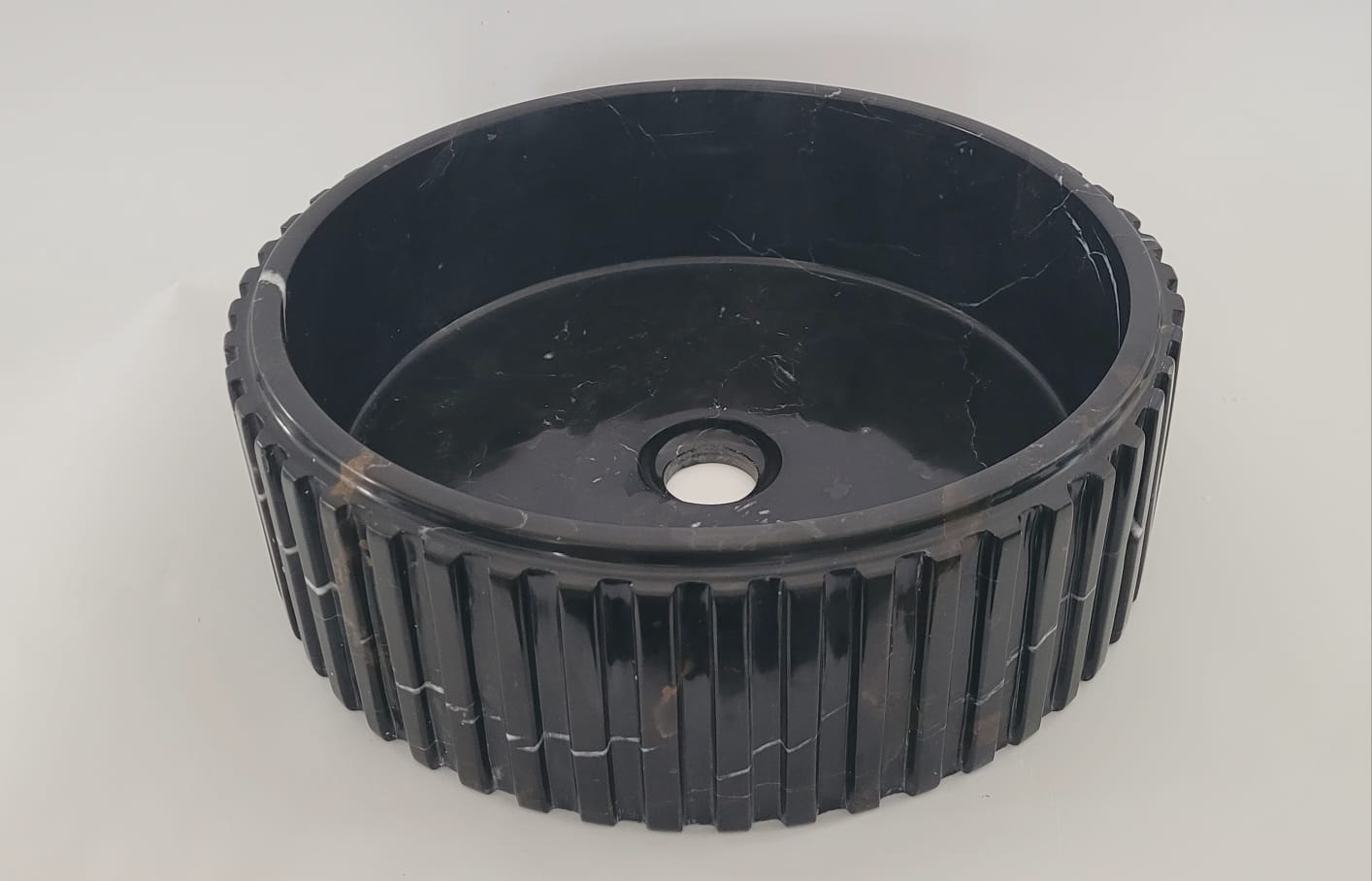 Fluted Black & Gold Marble Round Basin