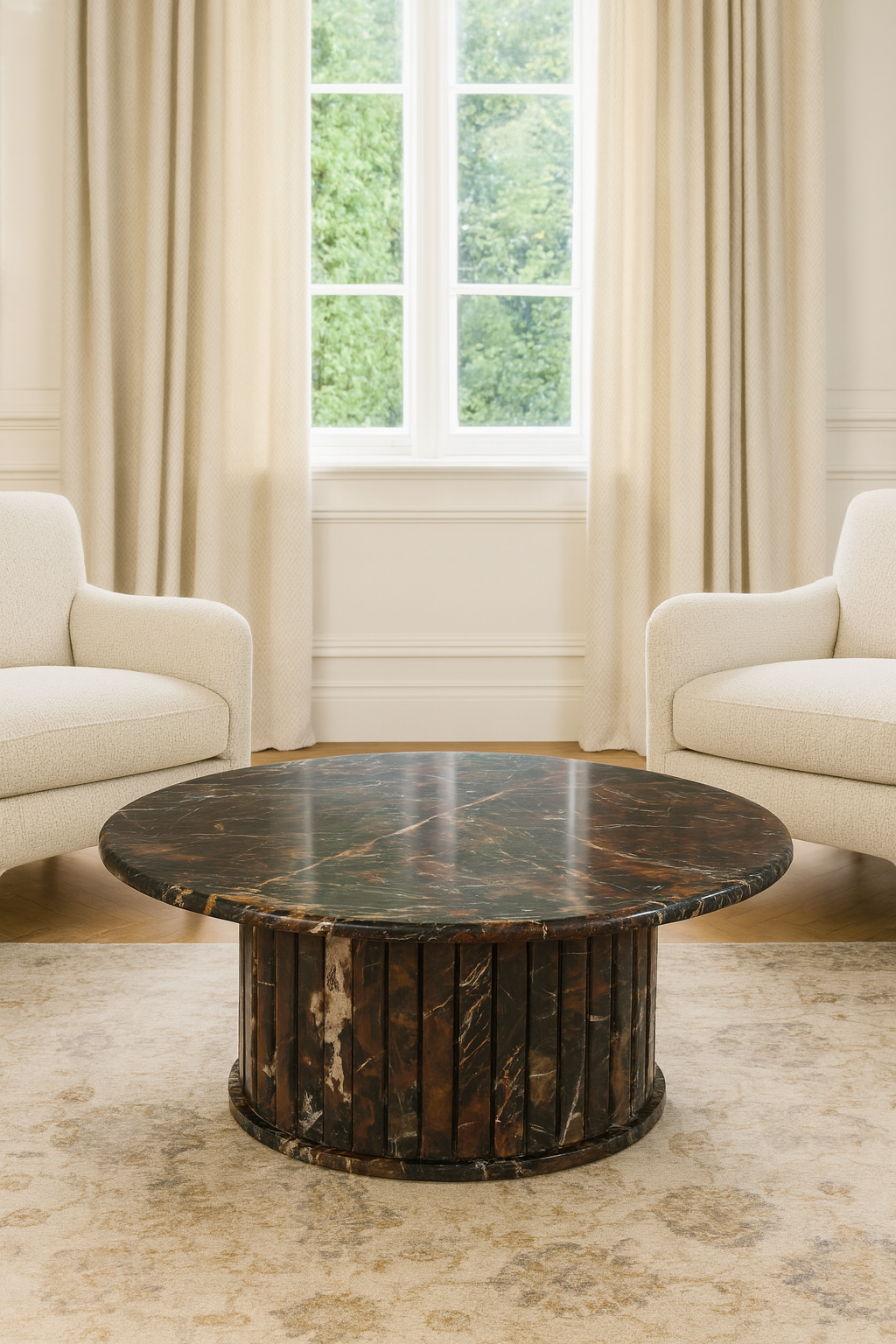 Round wooden coffee table in a living room with beige chairs and large windows.