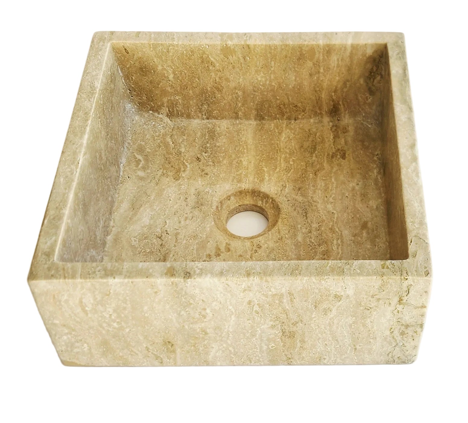 Square Travertine stone sink on a white carrara Marble