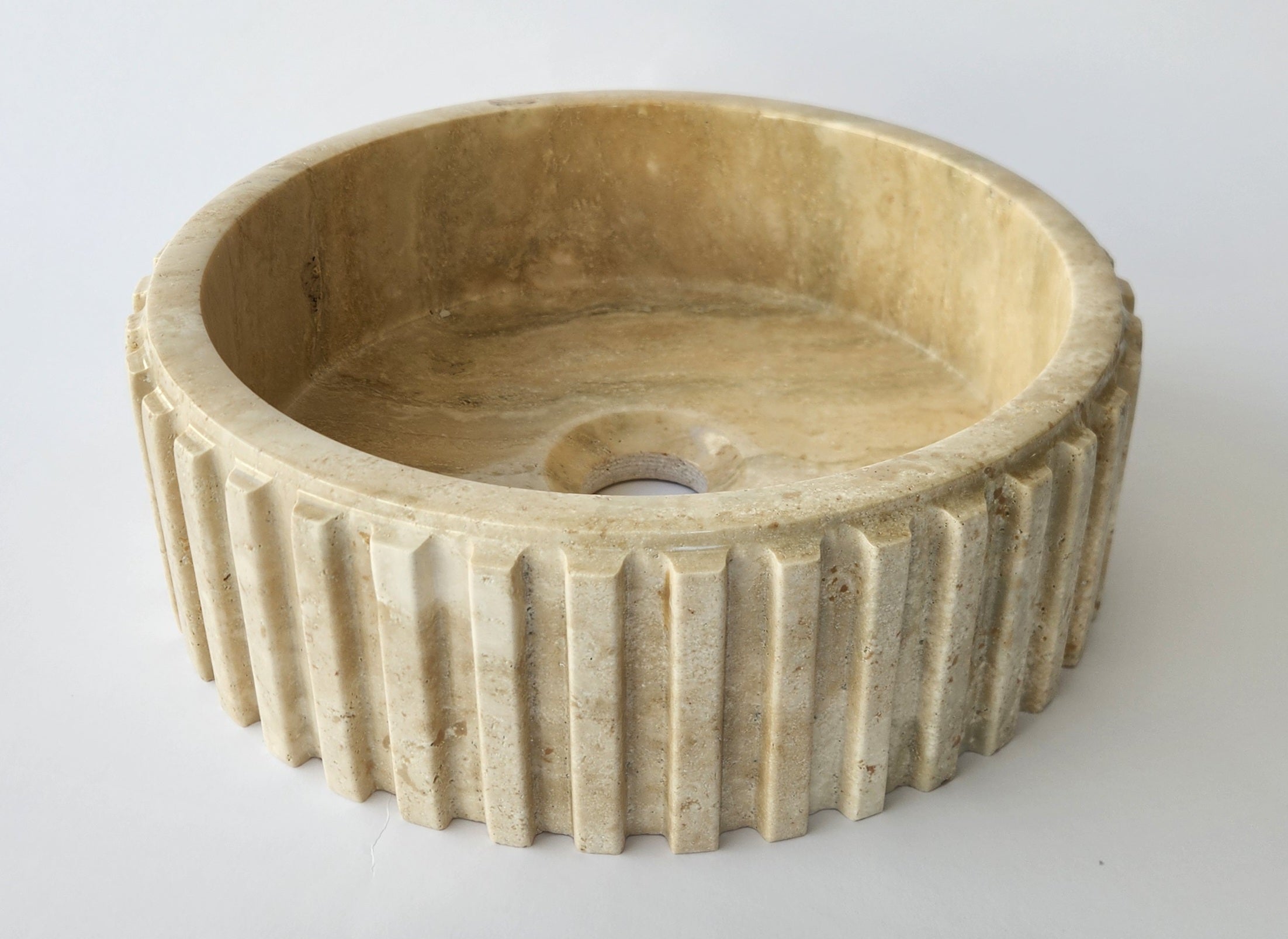 Fluted Travertine Round Basin with Flat Base