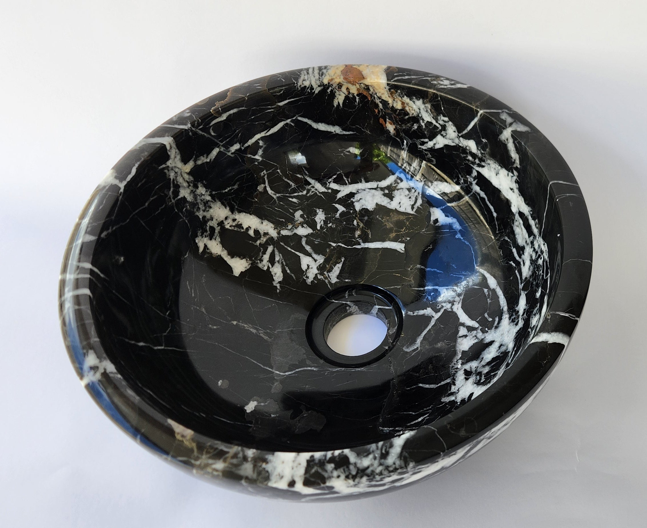 Natural Stone Marble Round Basin Counter Top Bathroom Sink In Black & Gold Marble