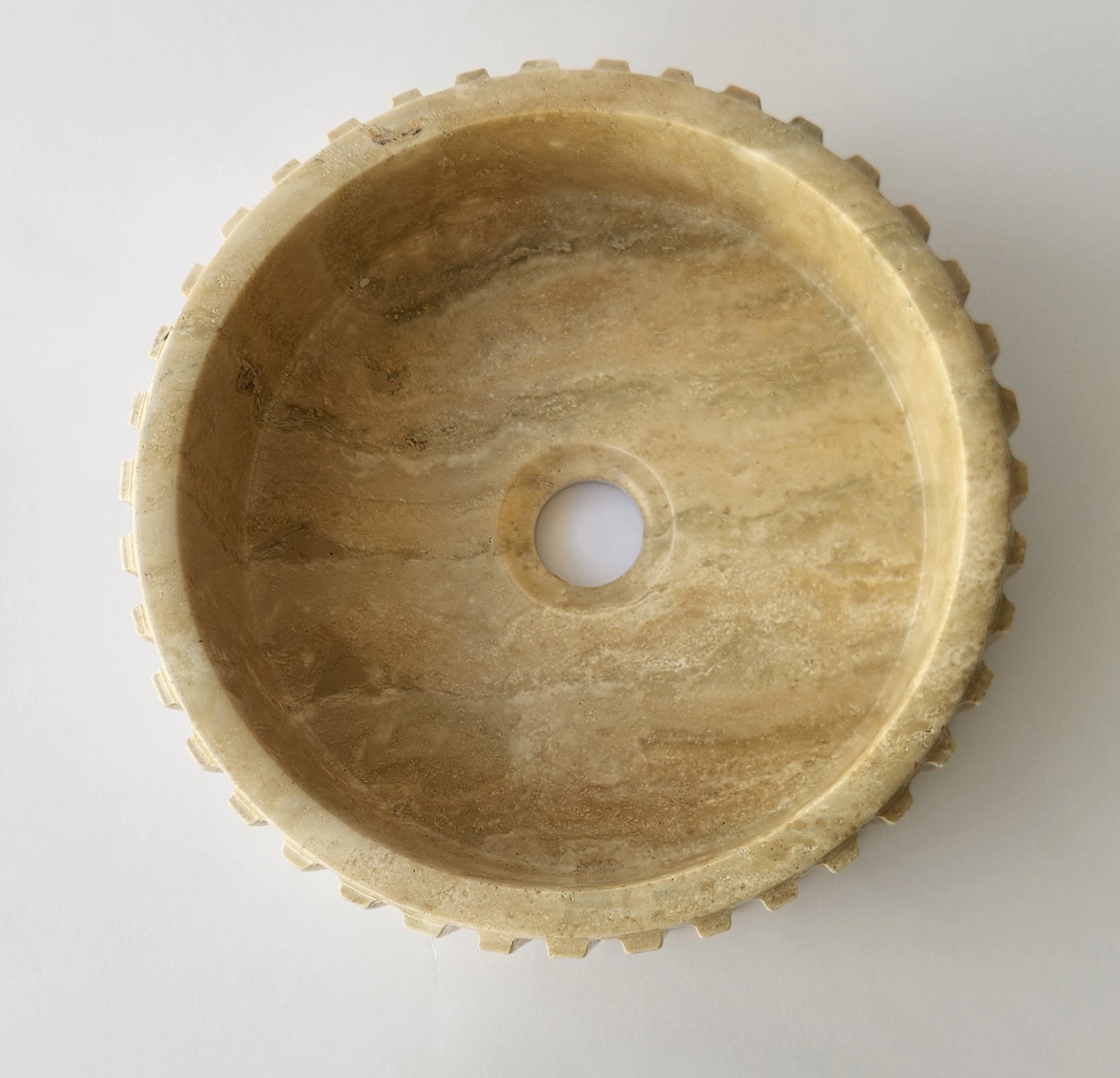 Fluted Travertine Round Basin with Flat Base