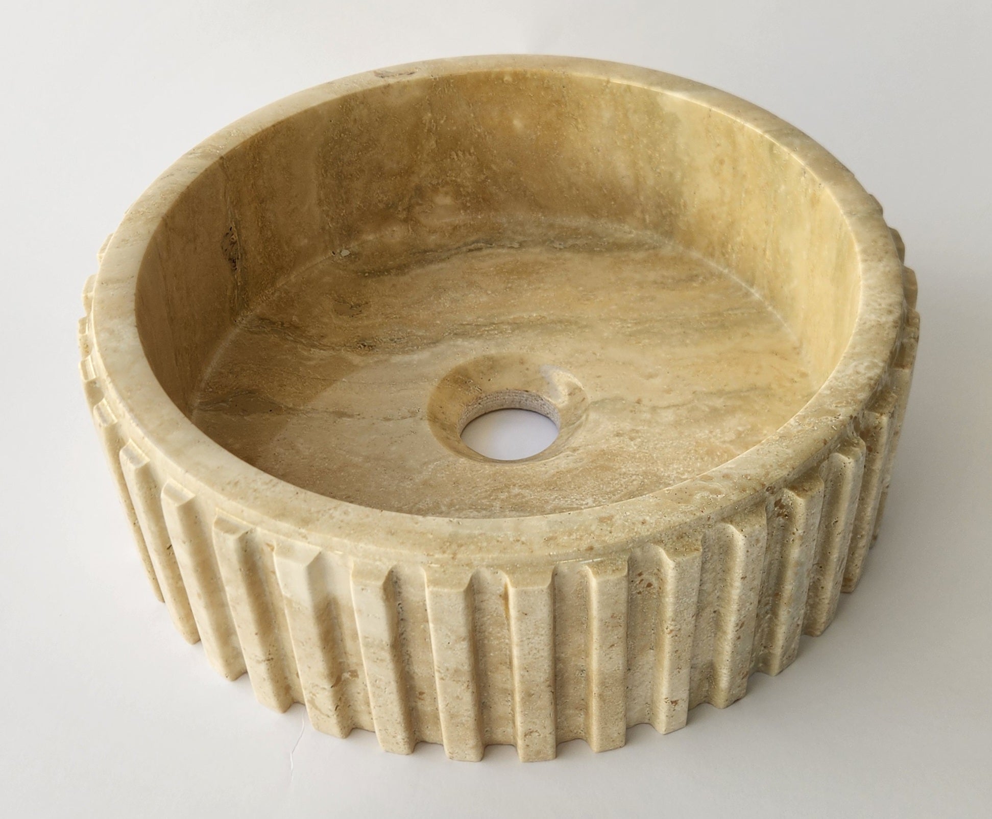 Fluted Travertine Round Basin with Flat Base