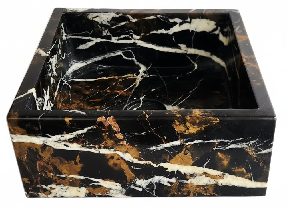 Black And Gold Marble Square Handmade Bathroom Basin