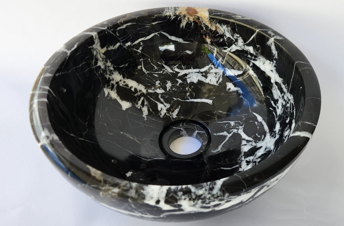 Natural Stone Marble Round Basin Counter Top Bathroom Sink In Black & Gold Marble
